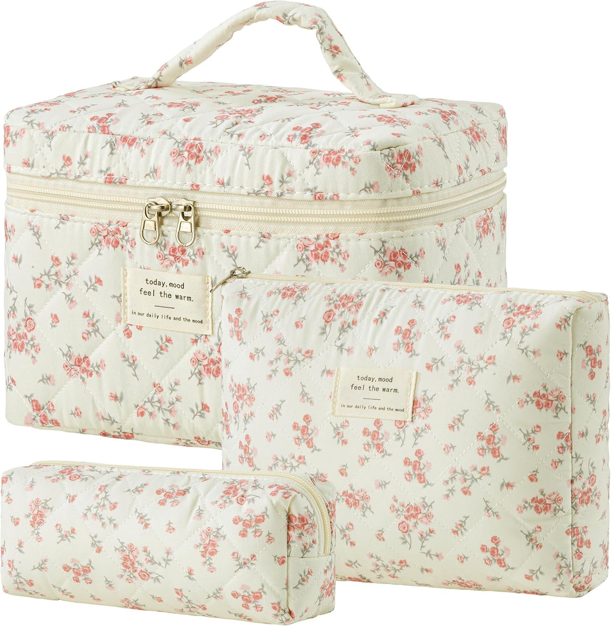 HBselect Quilted Makeup Bag, 3PCS Cotton Large Travel Makeup Bag, Cute Floral Coquette Make up Bag Cosmetic Bag Toiletry Bag for Women Girls - Colors B