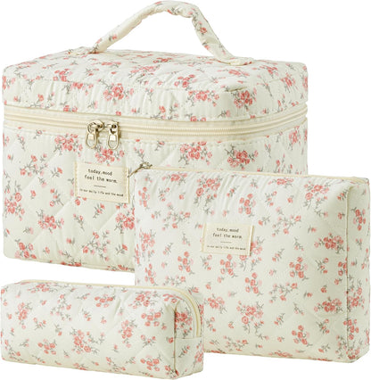 HBselect Quilted Makeup Bag, 3PCS Cotton Large Travel Makeup Bag, Cute Floral Coquette Make up Bag Cosmetic Bag Toiletry Bag for Women Girls - Colors B