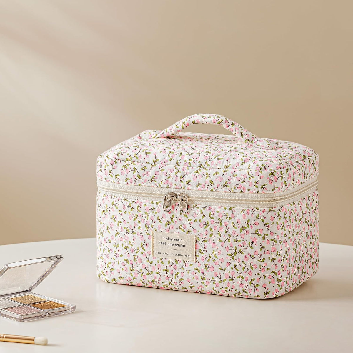 HBselect Quilted Makeup Bag, 3PCS Cotton Large Travel Makeup Bag, Cute Floral Coquette Make up Bag Cosmetic Bag Toiletry Bag for Women Girls - Colors B