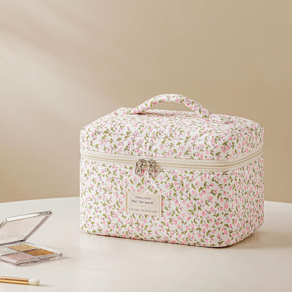 HBselect Quilted Makeup Bag, 3PCS Cotton Large Travel Makeup Bag, Cute Floral Coquette Make up Bag Cosmetic Bag Toiletry Bag for Women Girls - Colors B
