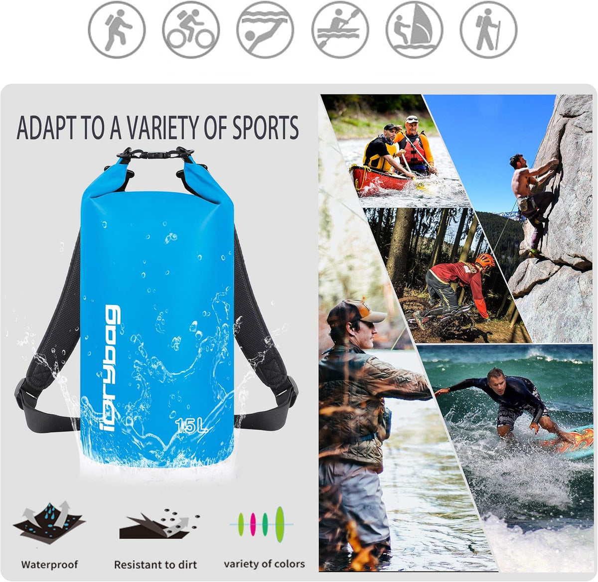 IDRYBAG Dry Bag for Kayaking Waterproof 2L/5L/10L/15L/20L, Small Dry Sack Waterproof Bag for Boating
