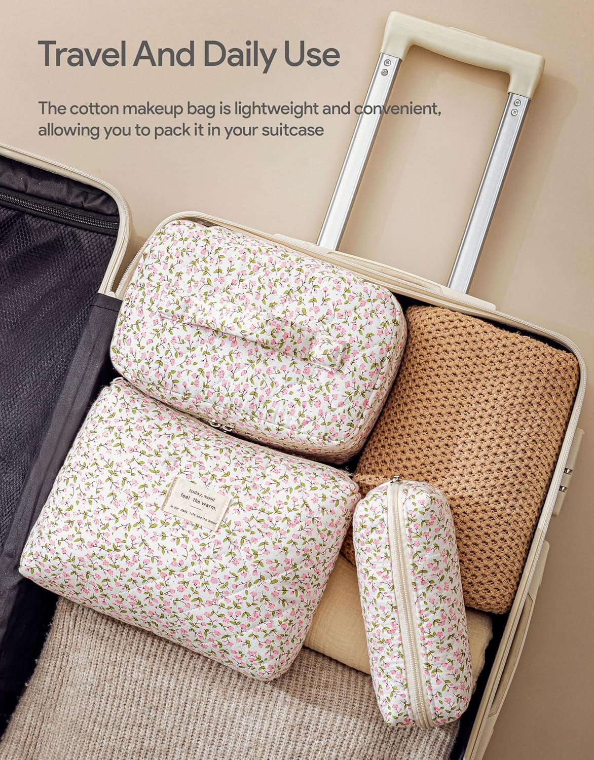 HBselect Quilted Makeup Bag, 3PCS Cotton Large Travel Makeup Bag, Cute Floral Coquette Make up Bag Cosmetic Bag Toiletry Bag for Women Girls - Colors B