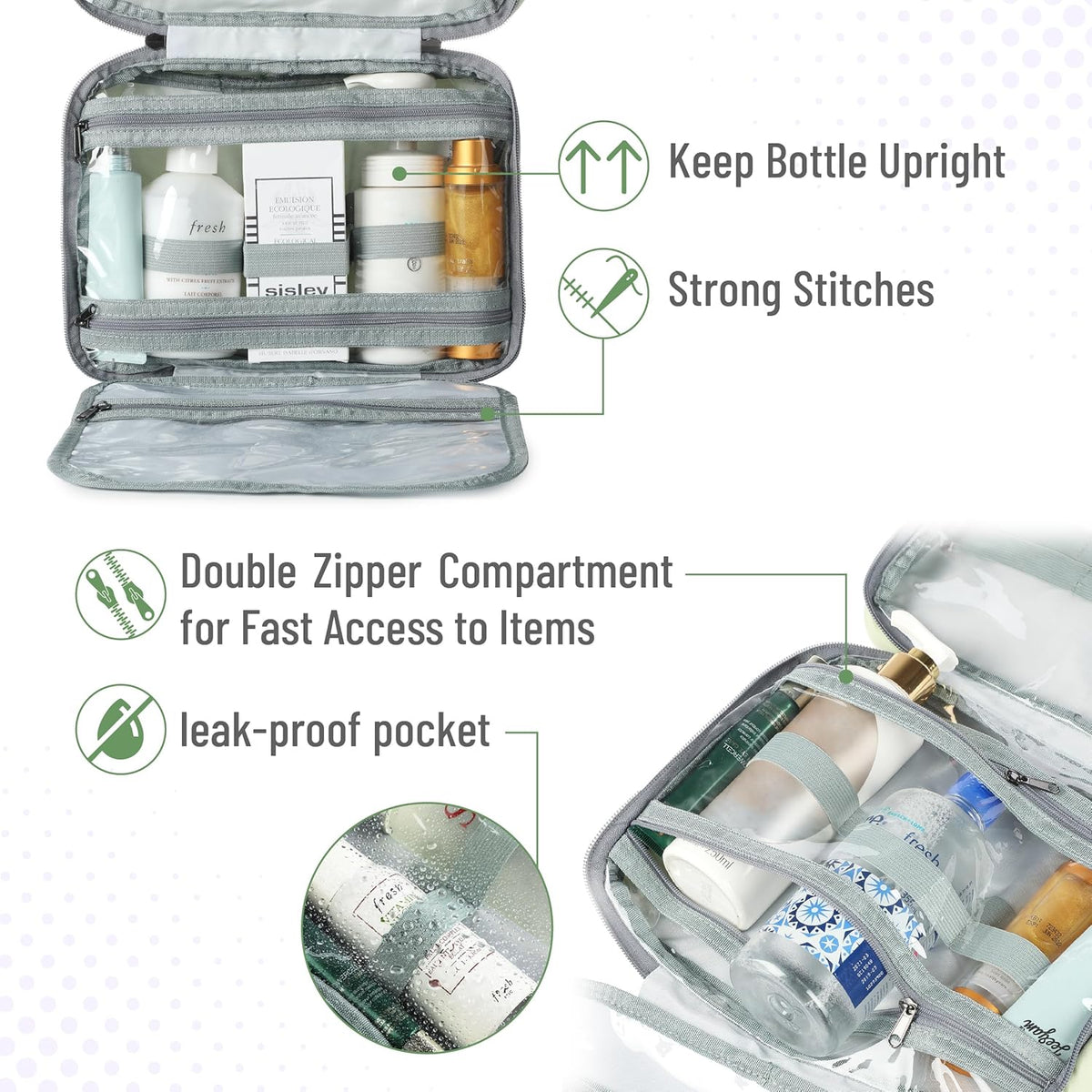 Ms. Pen- Travel Toiletry Bag Organizers, Green, Makeup Travel Bag for Toiletries with Hanging Hook, Water-Resistant