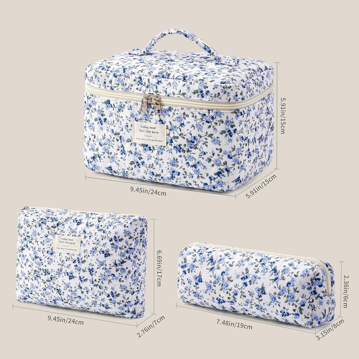 HBselect Quilted Makeup Bag, 3PCS Cotton Large Travel Makeup Bag, Cute Floral Coquette Make up Bag Cosmetic Bag Toiletry Bag for Women Girls - Colors A
