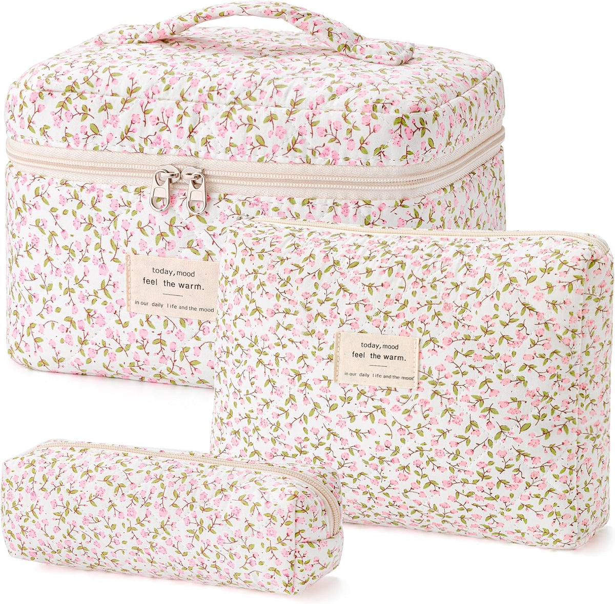 HBselect Quilted Makeup Bag, 3PCS Cotton Large Travel Makeup Bag, Cute Floral Coquette Make up Bag Cosmetic Bag Toiletry Bag for Women Girls - Colors B