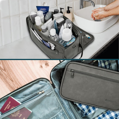 PAVILIA Toiletry Bag for Men, Travel Essentials Shaving Dopp Kit, Mens Travel Bag Toiletries Organizer Case for Grooming, PU Leather Water Resistant Cosmetic Bag Pouch (Dark Brown)