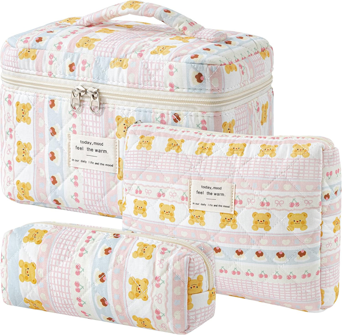 HBselect Quilted Makeup Bag, 3PCS Cotton Large Travel Makeup Bag, Cute Floral Coquette Make up Bag Cosmetic Bag Toiletry Bag for Women Girls - Colors B