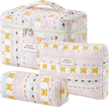 HBselect Quilted Makeup Bag, 3PCS Cotton Large Travel Makeup Bag, Cute Floral Coquette Make up Bag Cosmetic Bag Toiletry Bag for Women Girls - Colors B