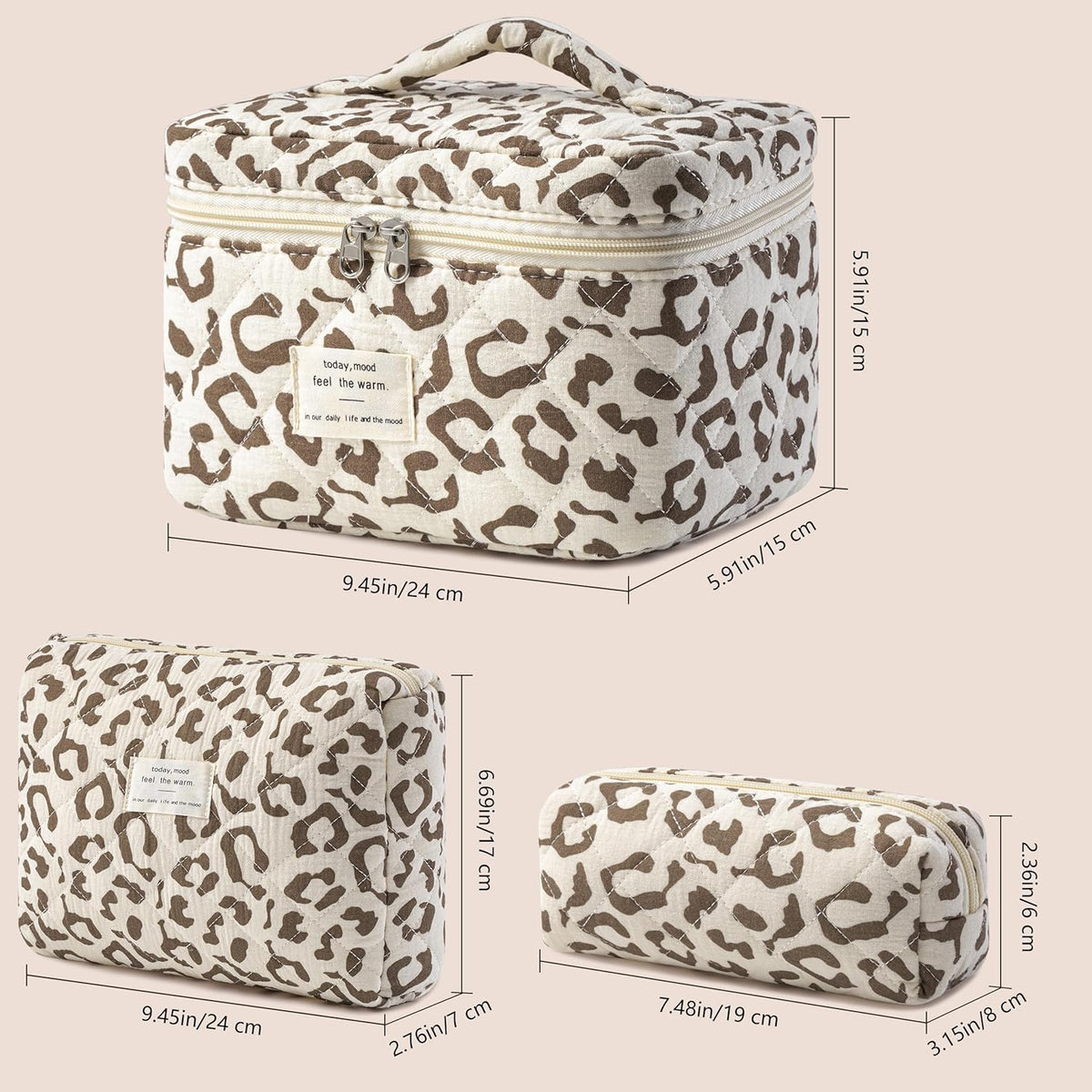 HBselect Quilted Makeup Bag, 3PCS Cotton Large Travel Makeup Bag, Cute Floral Coquette Make up Bag Cosmetic Bag Toiletry Bag for Women Girls - Colors B