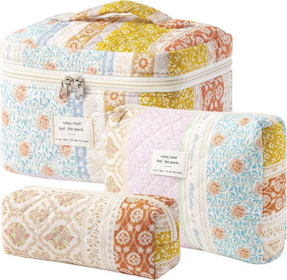 HBselect Quilted Makeup Bag, 3PCS Cotton Large Travel Makeup Bag, Cute Floral Coquette Make up Bag Cosmetic Bag Toiletry Bag for Women Girls - Colors B