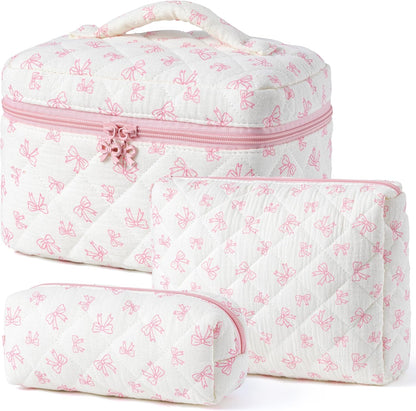 HBselect Quilted Makeup Bag, 3PCS Cotton Large Travel Makeup Bag, Cute Floral Coquette Make up Bag Cosmetic Bag Toiletry Bag for Women Girls - Colors A
