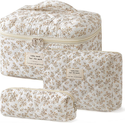 HBselect Quilted Makeup Bag, 3PCS Cotton Large Travel Makeup Bag, Cute Floral Coquette Make up Bag Cosmetic Bag Toiletry Bag for Women Girls - Colors B