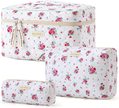 HBselect Quilted Makeup Bag, 3PCS Cotton Large Travel Makeup Bag, Cute Floral Coquette Make up Bag Cosmetic Bag Toiletry Bag for Women Girls - Colors B