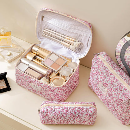 HBselect Quilted Makeup Bag, 3PCS Cotton Large Travel Makeup Bag, Cute Floral Coquette Make up Bag Cosmetic Bag Toiletry Bag for Women Girls - Colors A
