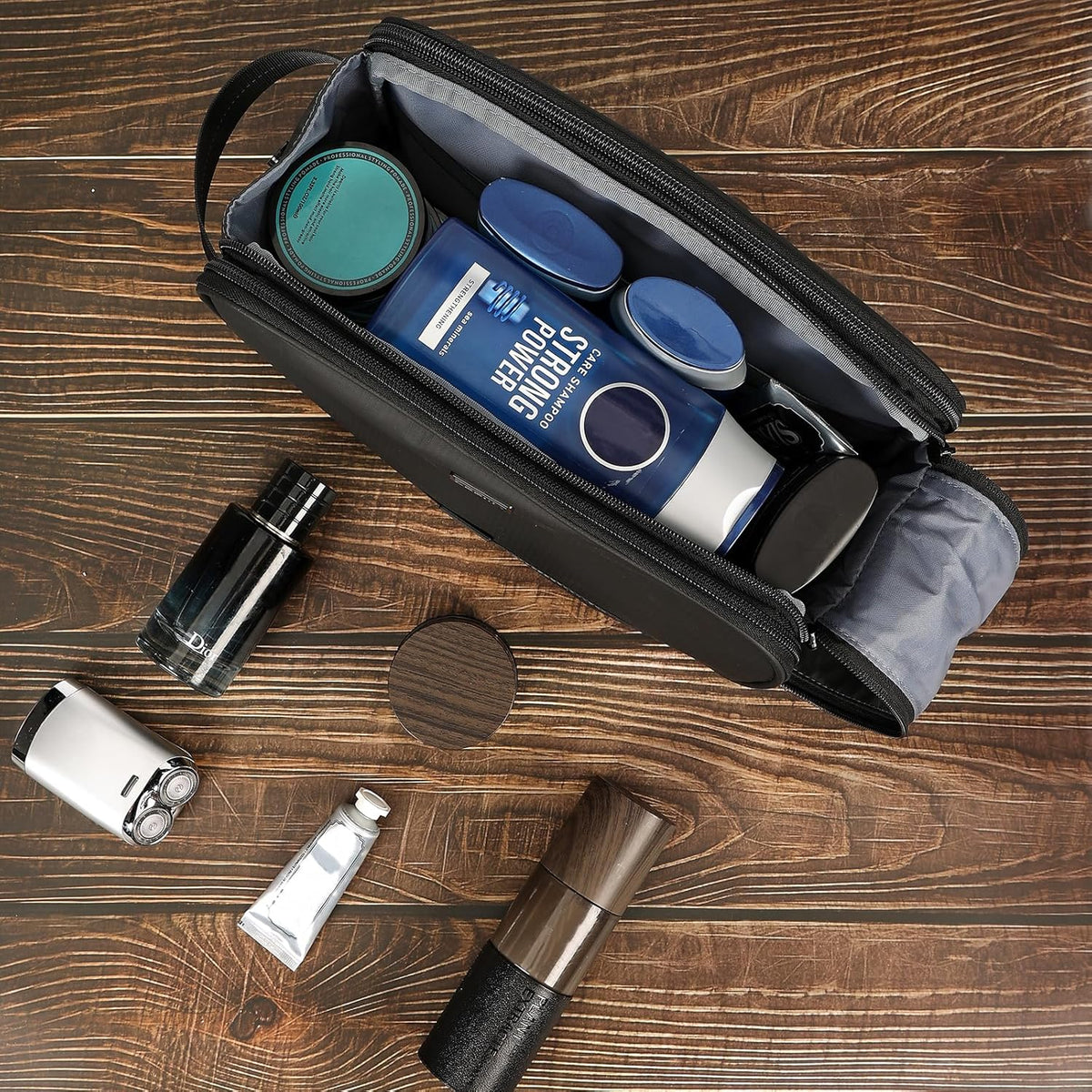 ZEEMO Travel Toiletry Bag for Men, Medium Water-Resistant Double-Sided Full-Open Dopp Kit, Versatile Organizer for Shower and Hygiene Accessories, Bathroom Essentials, Cosmetics, Black