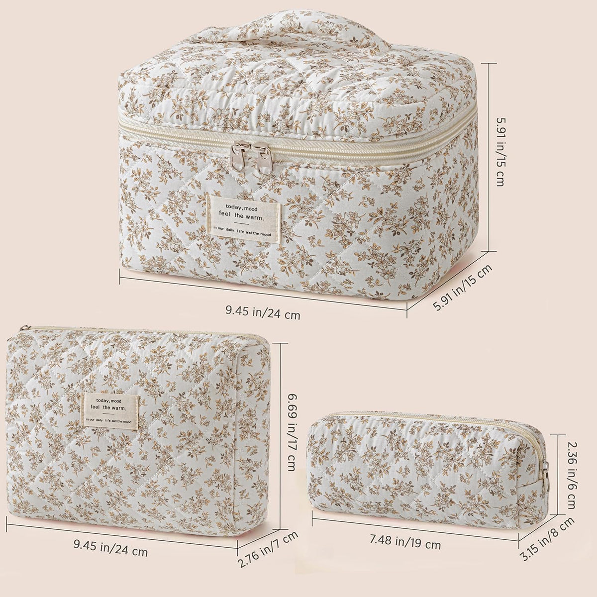 HBselect Quilted Makeup Bag, 3PCS Cotton Large Travel Makeup Bag, Cute Floral Coquette Make up Bag Cosmetic Bag Toiletry Bag for Women Girls - Colors B