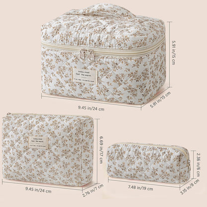 HBselect Quilted Makeup Bag, 3PCS Cotton Large Travel Makeup Bag, Cute Floral Coquette Make up Bag Cosmetic Bag Toiletry Bag for Women Girls - Colors B