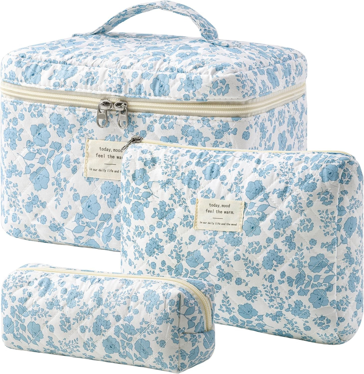 HBselect Quilted Makeup Bag, 3PCS Cotton Large Travel Makeup Bag, Cute Floral Coquette Make up Bag Cosmetic Bag Toiletry Bag for Women Girls - Colors B