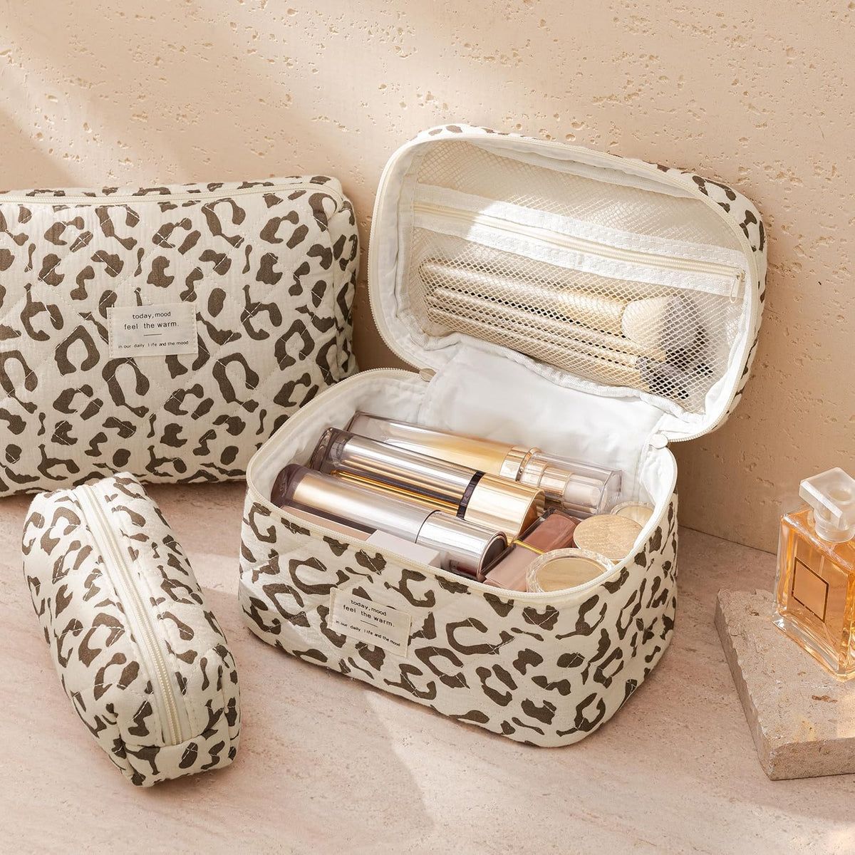 HBselect Quilted Makeup Bag, 3PCS Cotton Large Travel Makeup Bag, Cute Floral Coquette Make up Bag Cosmetic Bag Toiletry Bag for Women Girls - Colors B