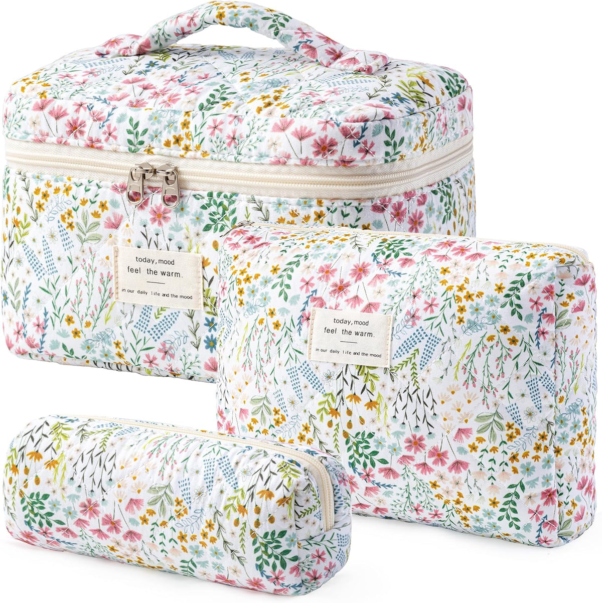 HBselect Quilted Makeup Bag, 3PCS Cotton Large Travel Makeup Bag, Cute Floral Coquette Make up Bag Cosmetic Bag Toiletry Bag for Women Girls - Colors B