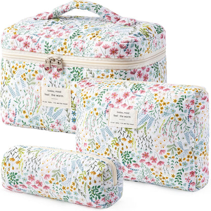 HBselect Quilted Makeup Bag, 3PCS Cotton Large Travel Makeup Bag, Cute Floral Coquette Make up Bag Cosmetic Bag Toiletry Bag for Women Girls - Colors B