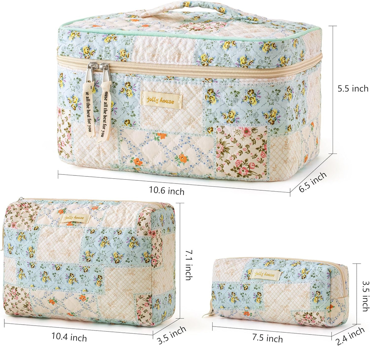 HBselect Quilted Makeup Bag, 3PCS Cotton Large Travel Makeup Bag, Cute Floral Coquette Make up Bag Cosmetic Bag Toiletry Bag for Women Girls - Colors A