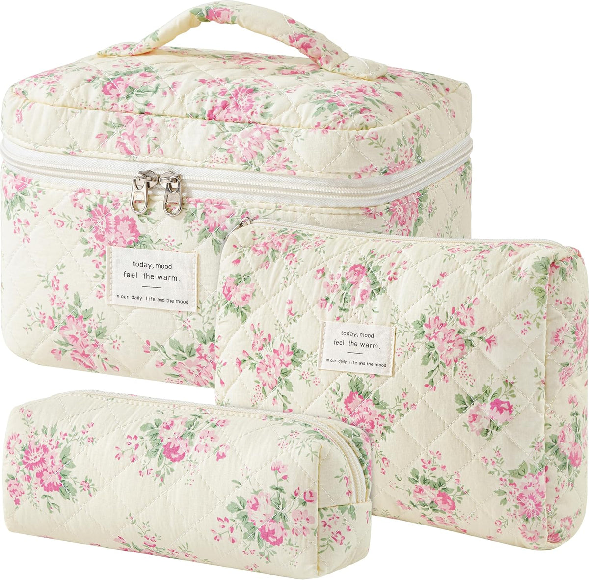 HBselect Quilted Makeup Bag, 3PCS Cotton Large Travel Makeup Bag, Cute Floral Coquette Make up Bag Cosmetic Bag Toiletry Bag for Women Girls - Colors B