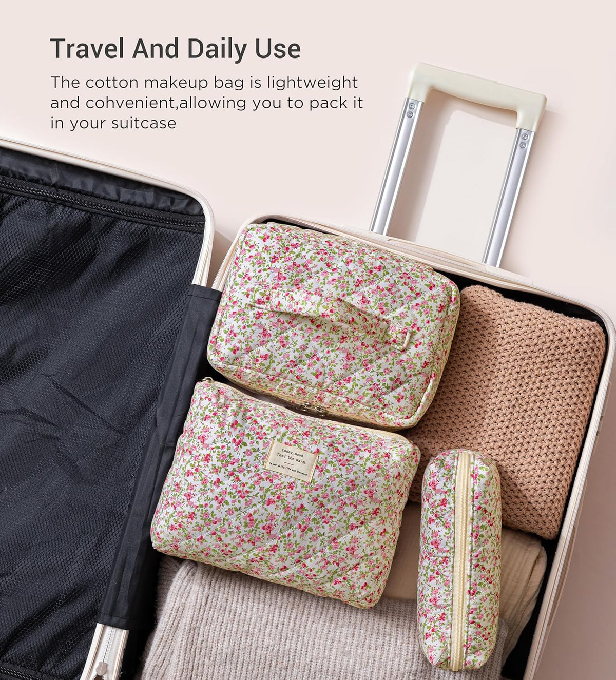 HBselect Quilted Makeup Bag, 3PCS Cotton Large Travel Makeup Bag, Cute Floral Coquette Make up Bag Cosmetic Bag Toiletry Bag for Women Girls - Colors B