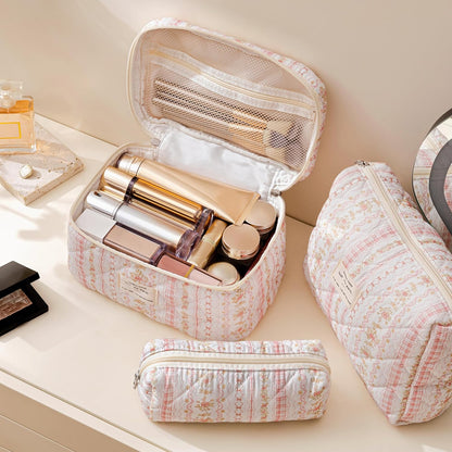 HBselect Quilted Makeup Bag, 3PCS Cotton Large Travel Makeup Bag, Cute Floral Coquette Make up Bag Cosmetic Bag Toiletry Bag for Women Girls - Colors B