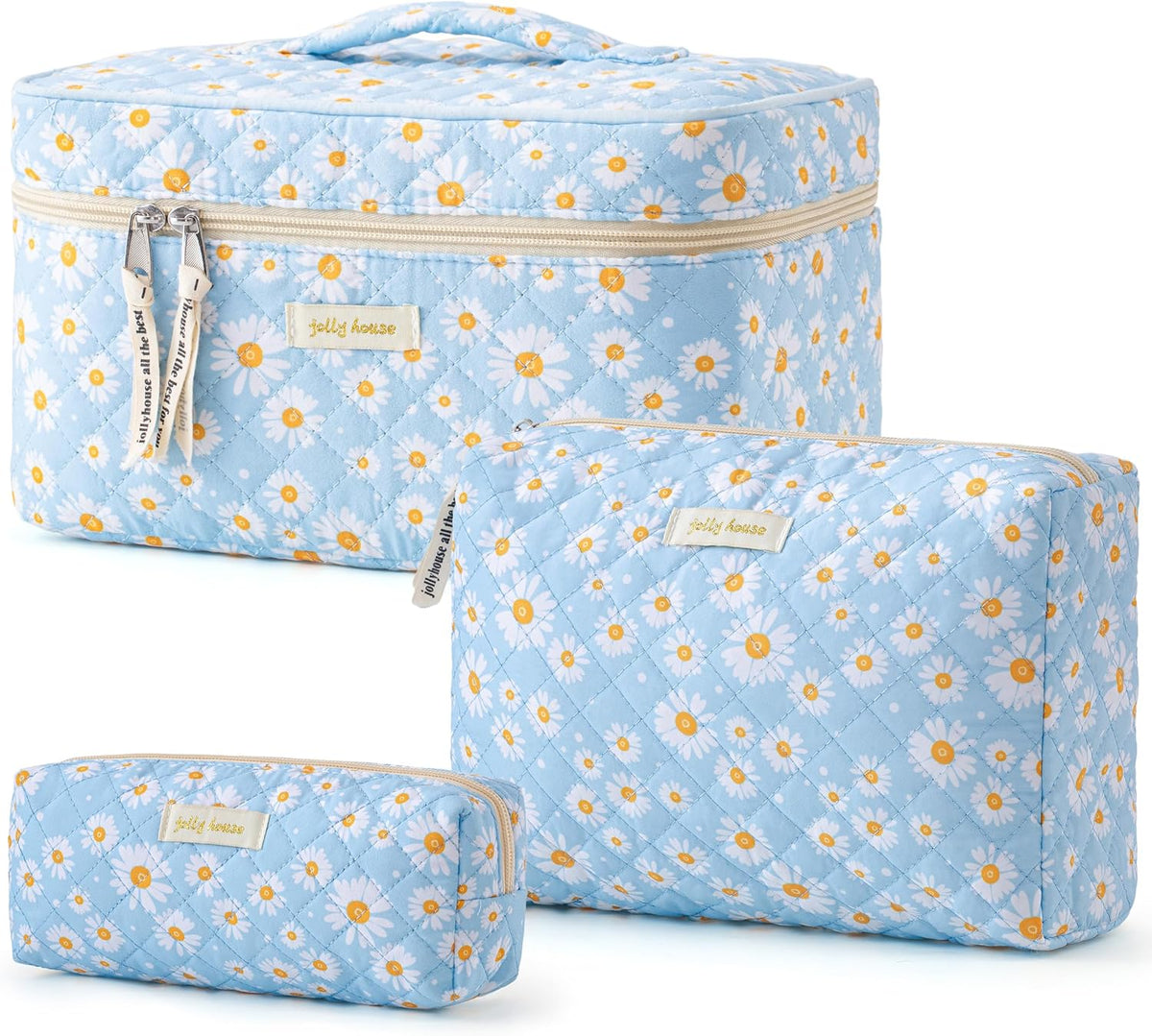 HBselect Quilted Makeup Bag, 3PCS Cotton Large Travel Makeup Bag, Cute Floral Coquette Make up Bag Cosmetic Bag Toiletry Bag for Women Girls - Colors B