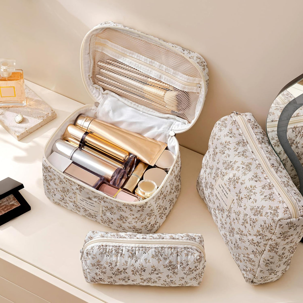 HBselect Quilted Makeup Bag, 3PCS Cotton Large Travel Makeup Bag, Cute Floral Coquette Make up Bag Cosmetic Bag Toiletry Bag for Women Girls - Colors B