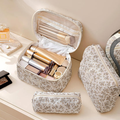 HBselect Quilted Makeup Bag, 3PCS Cotton Large Travel Makeup Bag, Cute Floral Coquette Make up Bag Cosmetic Bag Toiletry Bag for Women Girls - Colors B