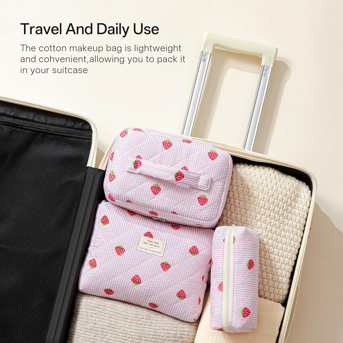 HBselect Quilted Makeup Bag, 3PCS Cotton Large Travel Makeup Bag, Cute Floral Coquette Make up Bag Cosmetic Bag Toiletry Bag for Women Girls - Colors B