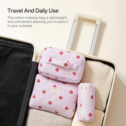 HBselect Quilted Makeup Bag, 3PCS Cotton Large Travel Makeup Bag, Cute Floral Coquette Make up Bag Cosmetic Bag Toiletry Bag for Women Girls - Colors B