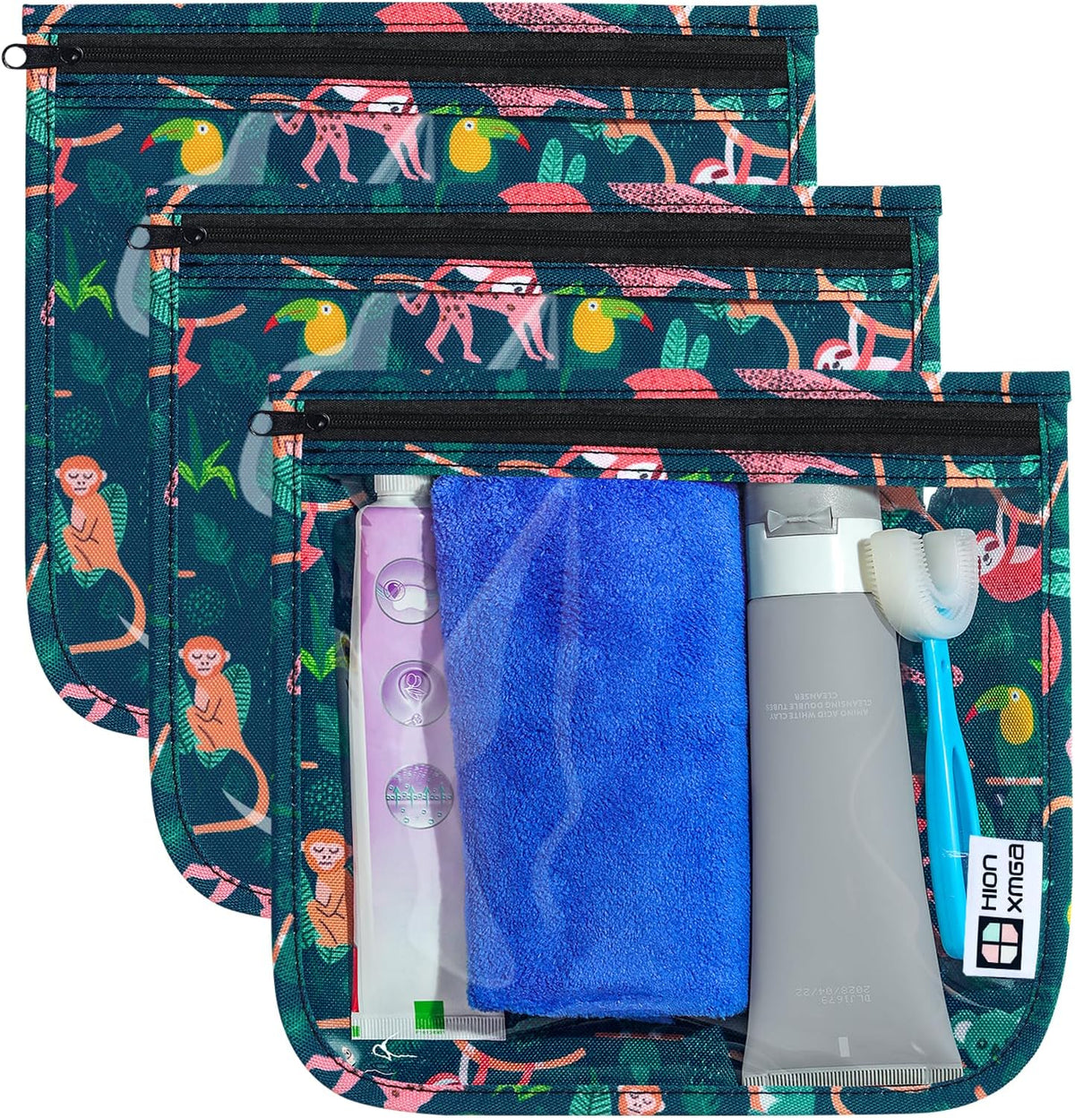 HIONXMGA TSA Approved Toiletry Bag, Set of 3 Clear Travel Toiletry Bag Quart Size Zipper Travel Pouch, Waterproof Makeup Cosmetic Bag for Women Men Kids Toiletries Carry on, Cacti A