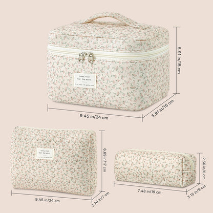 HBselect Quilted Makeup Bag, 3PCS Cotton Large Travel Makeup Bag, Cute Floral Coquette Make up Bag Cosmetic Bag Toiletry Bag for Women Girls - Colors A