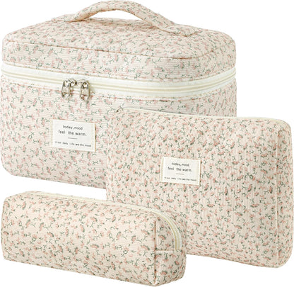 HBselect Quilted Makeup Bag, 3PCS Cotton Large Travel Makeup Bag, Cute Floral Coquette Make up Bag Cosmetic Bag Toiletry Bag for Women Girls - Colors A