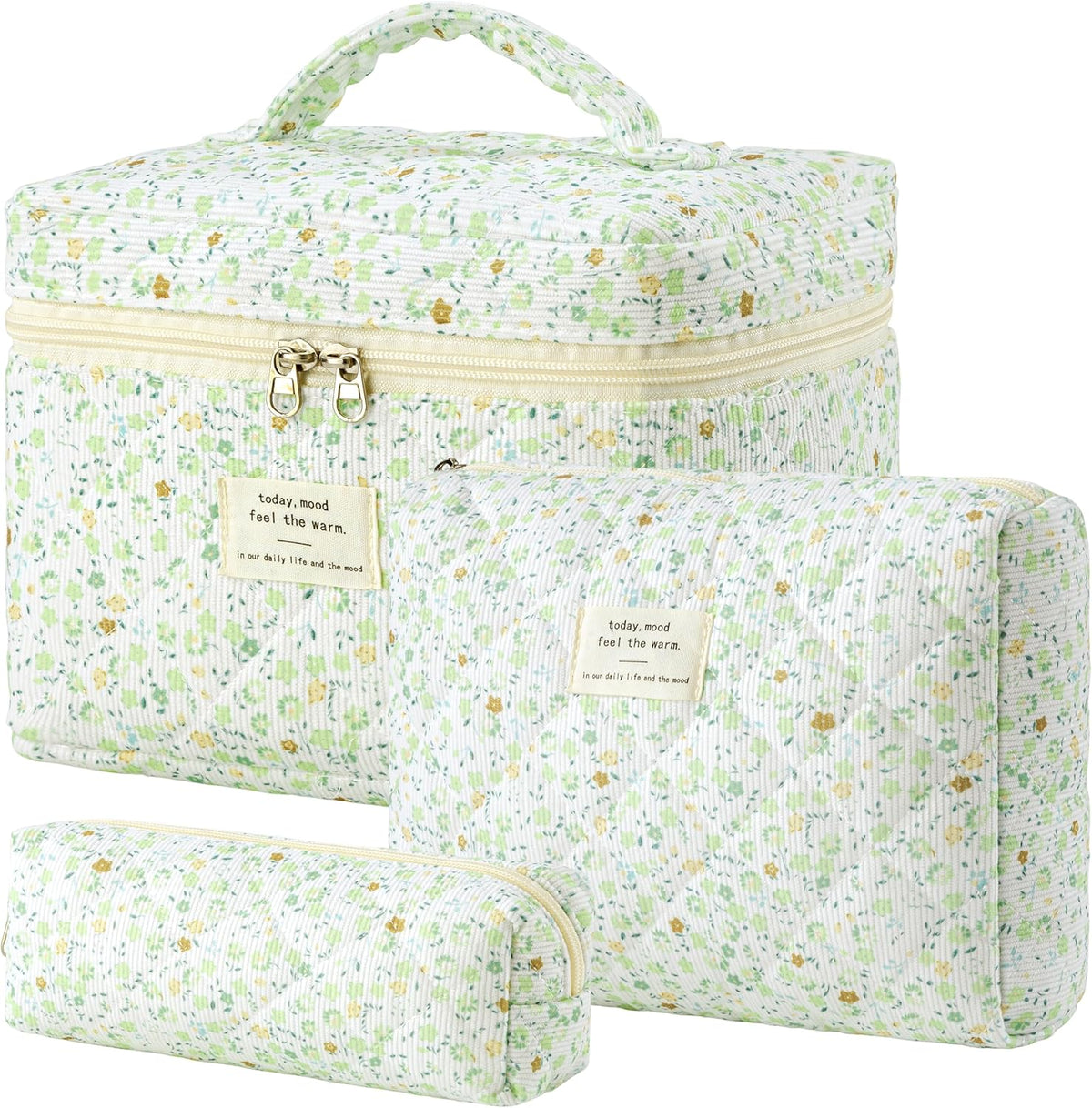 HBselect Quilted Makeup Bag, 3PCS Cotton Large Travel Makeup Bag, Cute Floral Coquette Make up Bag Cosmetic Bag Toiletry Bag for Women Girls - Colors A
