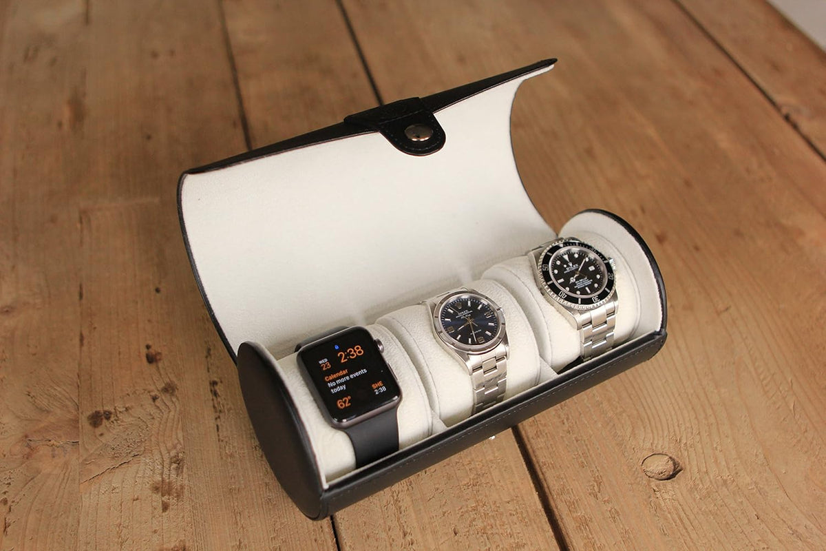 CASE ELEGANCE Travel Watch Case Roll Organizer for Men - 3 Watch Box & Vegan Faux Leather Watch Display Case - Mens Watch Holder, Storage & Travel Organizer - Black