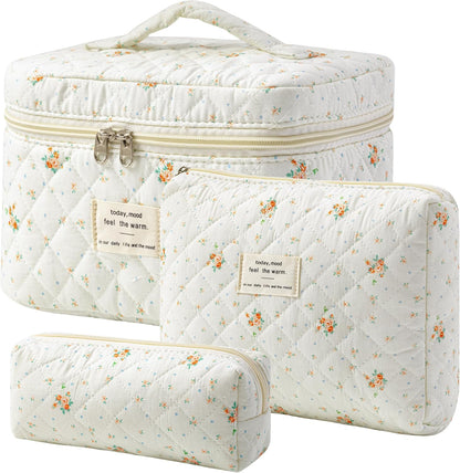 HBselect Quilted Makeup Bag, 3PCS Cotton Large Travel Makeup Bag, Cute Floral Coquette Make up Bag Cosmetic Bag Toiletry Bag for Women Girls - Colors A