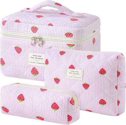HBselect Quilted Makeup Bag, 3PCS Cotton Large Travel Makeup Bag, Cute Floral Coquette Make up Bag Cosmetic Bag Toiletry Bag for Women Girls - Colors B