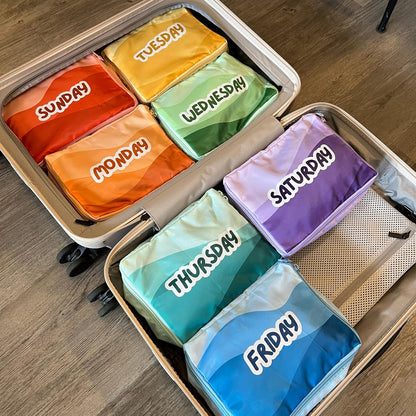 Packing Cubes for Kids & Baby Days of the Week 7 Set Daily Outfit Suitcase Organizers for Boys and Girls Summer Camp, Cruise, and Family Vacation (Small)