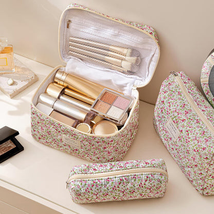 HBselect Quilted Makeup Bag, 3PCS Cotton Large Travel Makeup Bag, Cute Floral Coquette Make up Bag Cosmetic Bag Toiletry Bag for Women Girls - Colors B