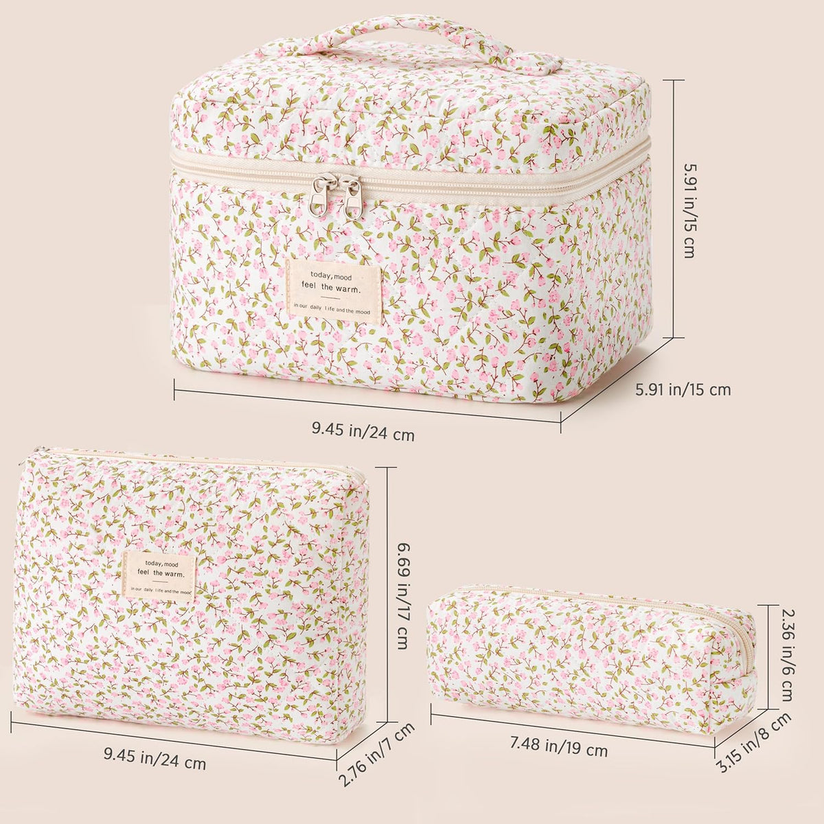 HBselect Quilted Makeup Bag, 3PCS Cotton Large Travel Makeup Bag, Cute Floral Coquette Make up Bag Cosmetic Bag Toiletry Bag for Women Girls - Colors B