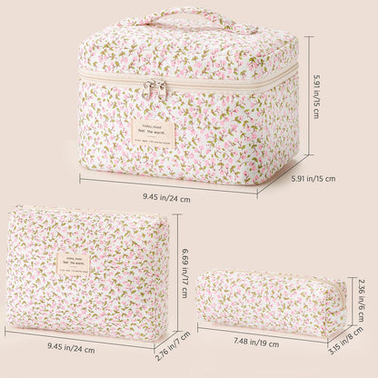 HBselect Quilted Makeup Bag, 3PCS Cotton Large Travel Makeup Bag, Cute Floral Coquette Make up Bag Cosmetic Bag Toiletry Bag for Women Girls - Colors B