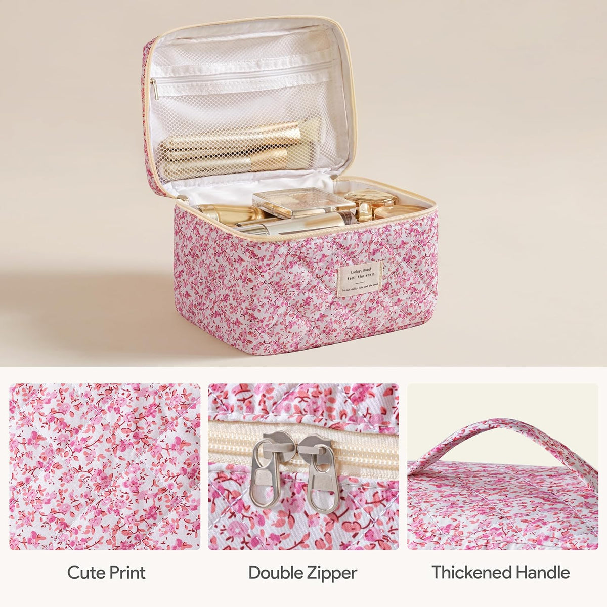 HBselect Quilted Makeup Bag, 3PCS Cotton Large Travel Makeup Bag, Cute Floral Coquette Make up Bag Cosmetic Bag Toiletry Bag for Women Girls - Colors A