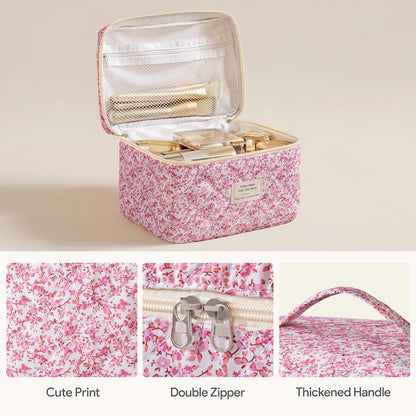 HBselect Quilted Makeup Bag, 3PCS Cotton Large Travel Makeup Bag, Cute Floral Coquette Make up Bag Cosmetic Bag Toiletry Bag for Women Girls - Colors A