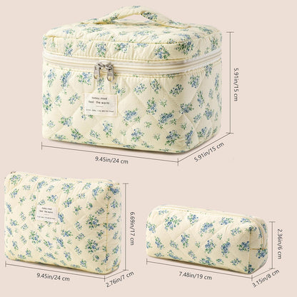 HBselect Quilted Makeup Bag, 3PCS Cotton Large Travel Makeup Bag, Cute Floral Coquette Make up Bag Cosmetic Bag Toiletry Bag for Women Girls - Colors B