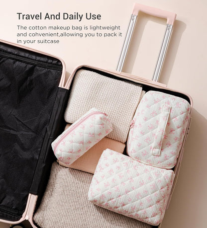 HBselect Quilted Makeup Bag, 3PCS Cotton Large Travel Makeup Bag, Cute Floral Coquette Make up Bag Cosmetic Bag Toiletry Bag for Women Girls - Colors A