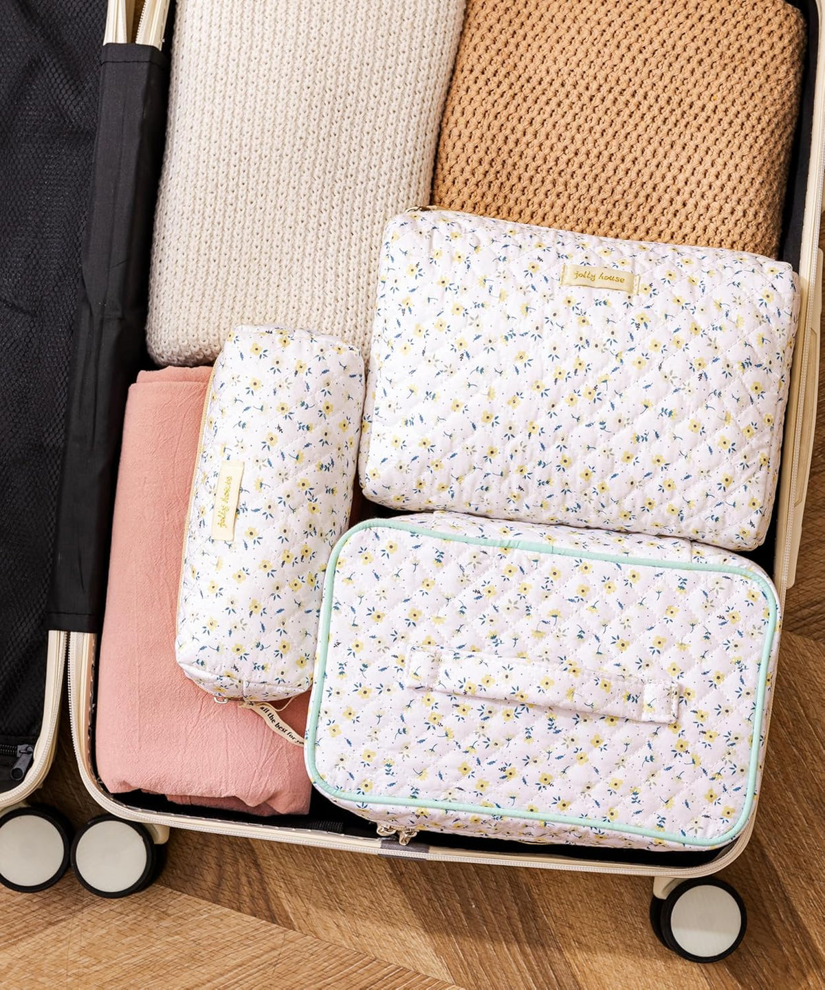 HBselect Quilted Makeup Bag, 3PCS Cotton Large Travel Makeup Bag, Cute Floral Coquette Make up Bag Cosmetic Bag Toiletry Bag for Women Girls - Colors A